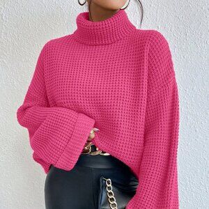 Hot Pink Casual Women's Loose Fit Turtleneck Drop Shoulder Sweater